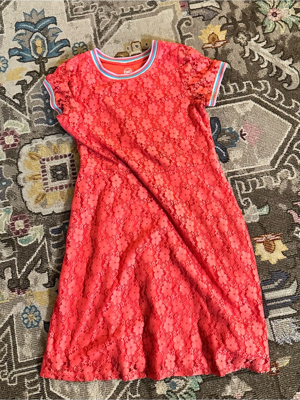 Wonder Nation Girls Coral Pink Floral Lace Dress Rainbow Trim Sporty XXL 18